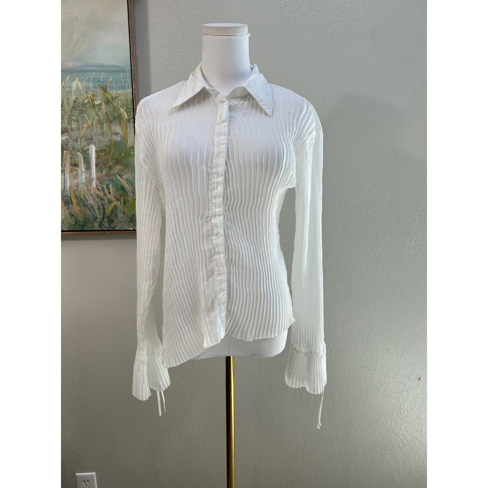 White Plisse Pleated Button Down Shirt Flared Tie Cuff Blouse Small